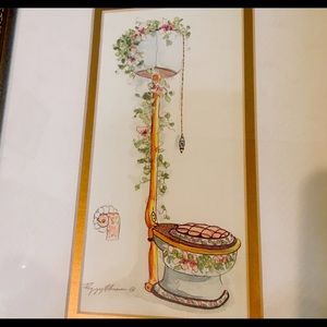 BOGO  Peggy Abrams charming framed signed print of fantastical Victorian toilet